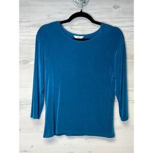 Fiore Womens Top Large Peacock Blue 3/4 Sleeve Stretchy‎ Classic Made In USA